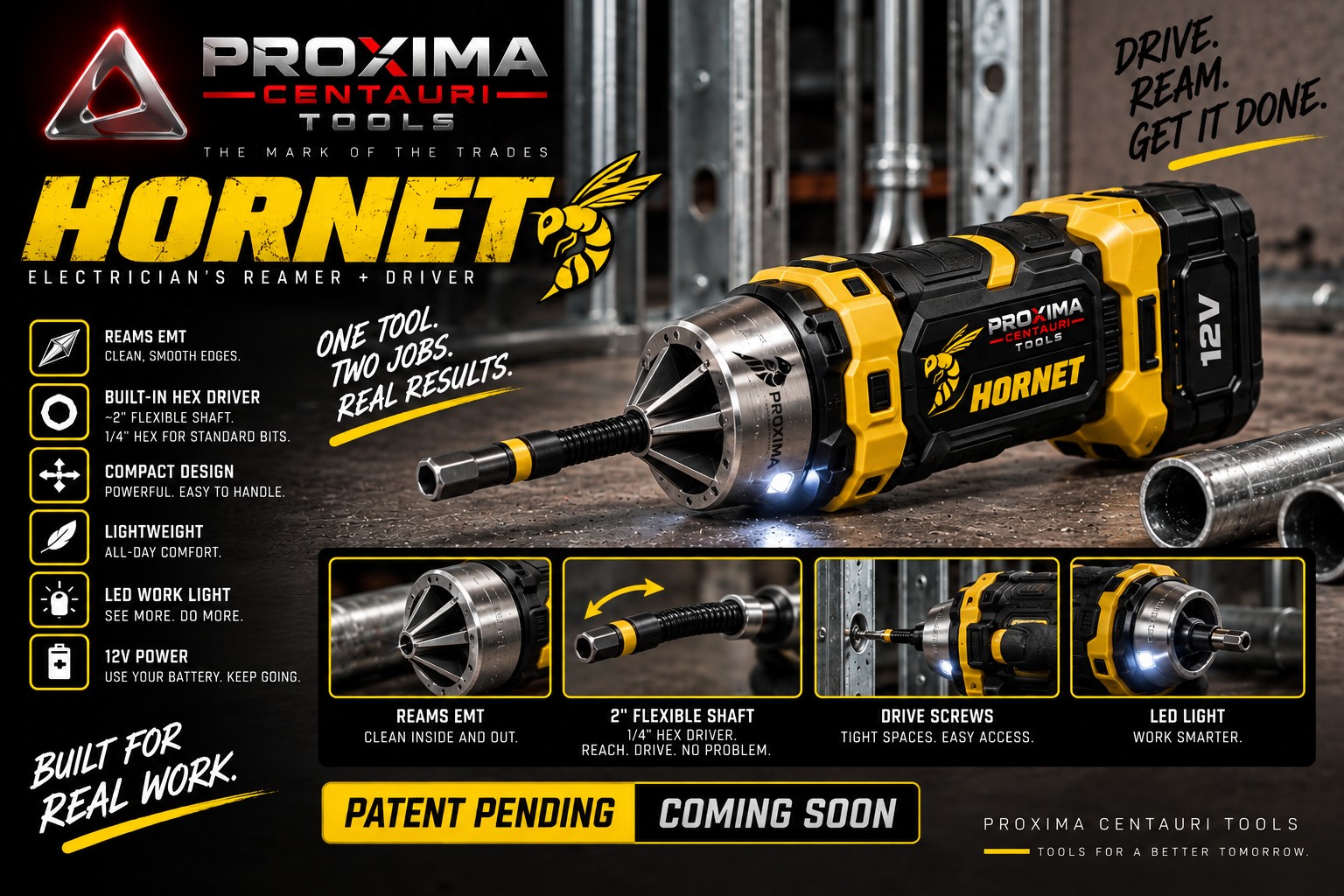 Hornet by Proxima Centauri Tools — the electrician's reamer and driver, patent pending, coming soon
