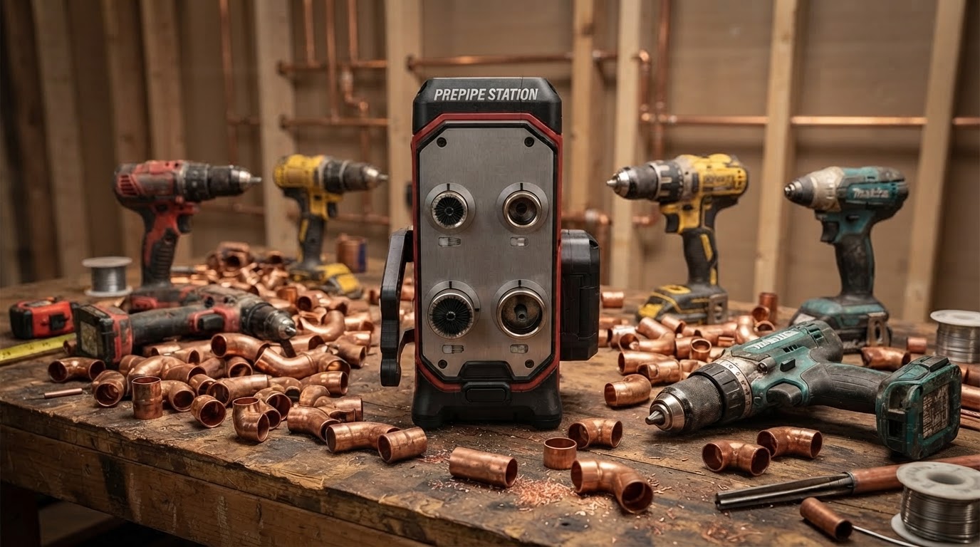 PrePipe Station (PPS) on a jobsite workbench surrounded by copper fittings and drills